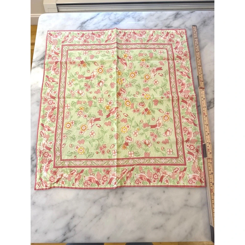 Vintage April Cornell Set of 4 Cotton Napkins Green Pink Floral Bird Print Boho